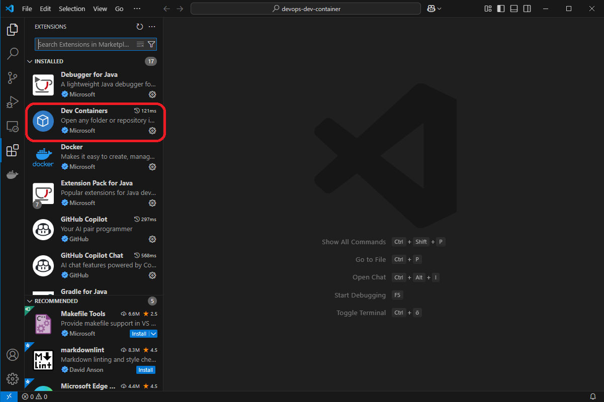 DevContainer extension in VS Code